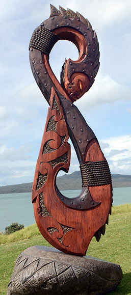 Joe Kemp nz Maori sculptor, Manaia with Armour, Macrocarpa